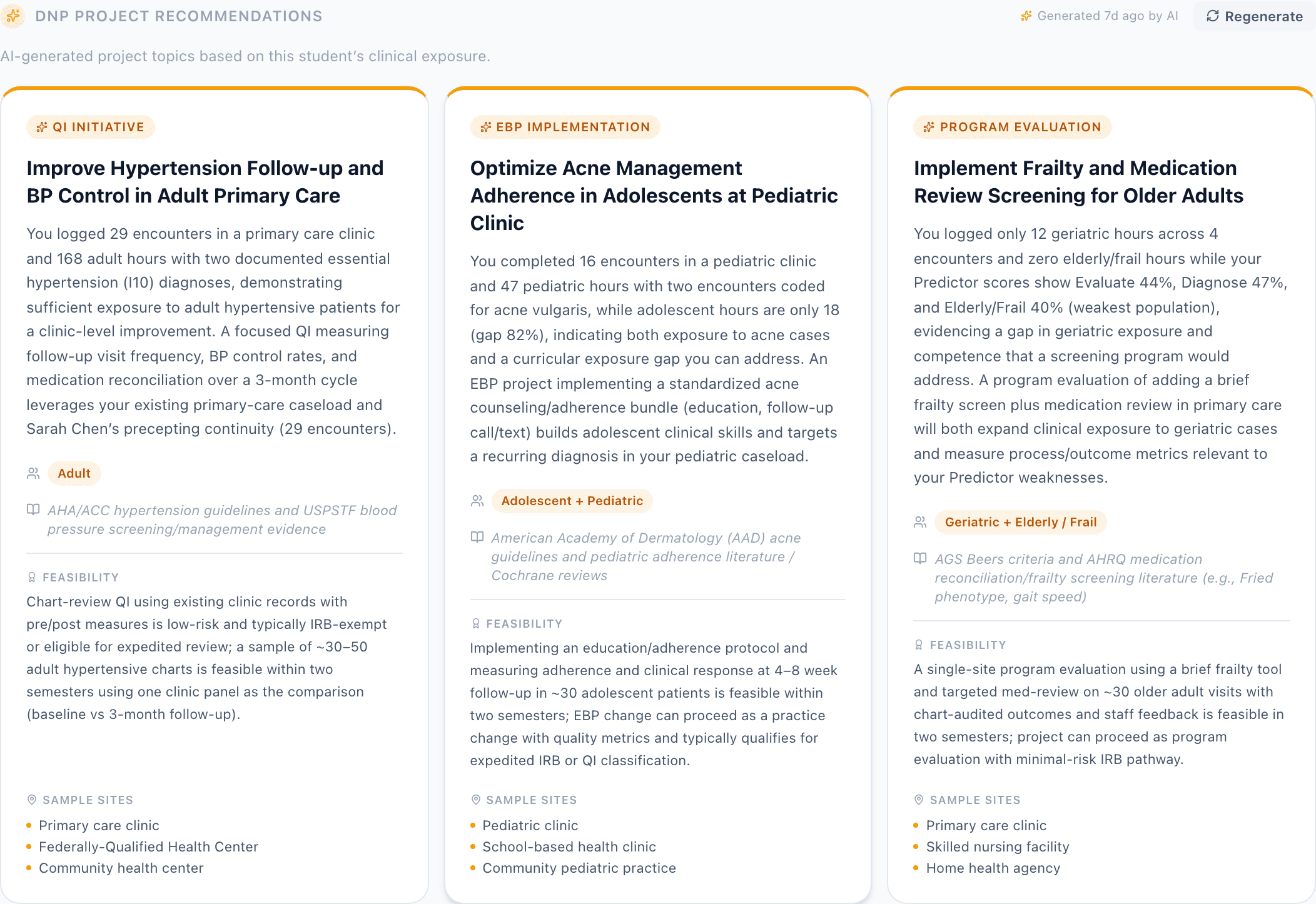 Three DNP project recommendation cards across QI, EBP, and Program Evaluation tracks